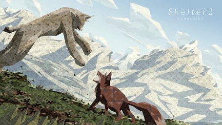 aggressive ambiguous_gender attack cloud duo fangs feral fight fur grass grey_body grey_fur looking_at_another mountain nature nature_background on_hind_legs on_model open_mouth orange_body orange_fur outside perspective plant simple_eyes sky stylized tail teeth text unknown_artist might_and_delight shelter_(game_series) canid canine felid feline fox lynx mammal absurd_res hi_res lineless official_art wallpaper
