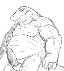 anthro blush erection genitals kemono male moobs overweight overweight_anthro overweight_male penis simple_background solo white_background chiro_(artist) crocodile crocodilian reptile scalie 2015 monochrome