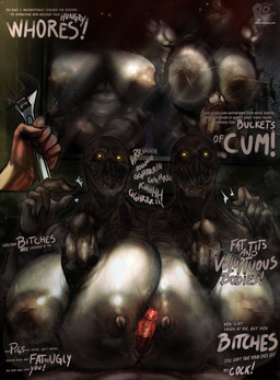 against_surface big_breasts big_penis bodily_fluids breasts dialogue genital_size_difference genitals glass grey_body grey_skin group herm huge_breasts huge_penis hyper hyper_breasts insult intersex inverted_nipples mocking nails nipples on_glass penis saliva sharp_nails sharp_teeth teeth text trio yellow_eyes rongo_dombo capcom resident_evil human humanoid mammal regenerator_(resident_evil) english_text hi_res signature