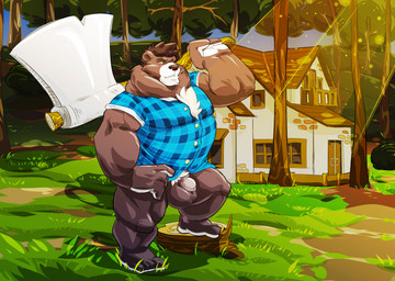 5_toes anthro axe balls barefoot biceps biped body_hair bottomless branch brown_body brown_fur brown_hair building chest_hair clothed clothing detailed_background feet flaccid forest fur genitals grass hair holding_object house light lumberjack male manly melee_weapon muscular muscular_anthro muscular_male nature pecs penis plaid plant pose shirt solo sunlight toes topwear tree weapon yellow_eyes kibzgrandius bear mammal