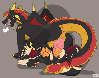 anthro barbed_glans blush breath duo entwined_tails feral fur genitals glans knot male male/male panting pawpads penis pinned pinned_to_ground raised_leg scales scaly_tail size_difference tail tail_coil sodacaps mythology dragon furred_dragon furred_scalie mythological_creature mythological_scalie scalie hi_res