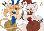 anthro big_breasts big_butt blonde_hair bodily_fluids breasts brown_eyes bunny_costume butt cleavage clothed clothing costume duo fake_ears fake_rabbit_ears fangs female fur hair huge_breasts huge_butt huge_thighs looking_at_viewer one_eye_closed open_mouth orange_eyes simple_background smile sparkles standing sweat tail teeth thick_thighs white_body white_fur white_hair wide_hips wink yellow_body yellow_fur cibastion catmaid_(cibastion) goya_(lucyfercomic) domestic_cat felid feline felis mammal hi_res