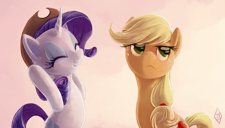 blonde_hair clothing cowboy_hat duo eyelashes eyes_closed female feral freckles green_eyes hair hat hat_only headgear headgear_only headwear headwear_only hooves horn mostly_nude orange_body pupils purple_hair quadruped smile tail white_body whitediamonds friendship_is_magic hasbro my_little_pony mythology applejack_(mlp) rarity_(mlp) equid equine mammal mythological_creature mythological_equine unicorn 2012 hi_res