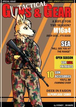 anthro antlers assault_rifle camo camo_clothing camo_print clothed clothing fully_clothed gun holding_object holding_weapon horn m16 m16a4 male pattern_clothing ranged_weapon rifle serious_face solo text weapon sydney_onmars deer mammal absurd_res cover english_text hi_res magazine_cover