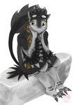 ambiguous_gender anthro claws eyewear feathers goggles rock scarf sitting smile solo winged_arms wings vandclash avali avian bird hybrid scalie digital_media_(artwork) greyscale hi_res monochrome