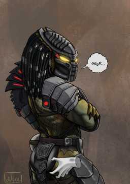armor bone butt butt_grab claws crossed_arms dialogue glowing glowing_eyes green_body hand_on_butt headgear helmet male muscular muscular_male rear_view skull solo wiceshezz predator_(franchise) alien yautja hi_res