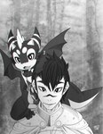 anthro armor black_hair blurred_background carrying_another claws cloak clothed clothing collar cute_fangs detailed_background duo eyebrows fangs forest front_view hair hand_on_head horn larger_human looking_at_viewer male membrane_(anatomy) membranous_wings on_shoulders open_mouth plant poncho size_difference smaller_anthro spikes spikes_(anatomy) spines tail teeth thick_eyebrows tree wings rudragon european_mythology mythology stria_(rudragon) dragon human mammal mythological_creature mythological_scalie scalie western_dragon 2021 digital_media_(artwork) greyscale hi_res monochrome signature