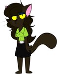 2016 4_fingers anthro barefoot belt biped black_bottomwear black_clothing black_eyebrows black_nose black_skirt black_whiskers blue_eyes blue_eyeshadow bottomwear breasts brown_body brown_ears brown_fur brown_hair brown_tail brown_tuft cat_tail cheek_tuft chokovit_(artist) clothed clothed_anthro clothed_female clothing colored digital_drawing_(artwork) digital_media_(artwork) domestic_cat eyebrows eyelashes eyeshadow facial_tuft feet felid feline felis female fingers front_view full-length_portrait fur glistening glistening_eyes green_clothing green_shirt green_topwear grey_belt hair hi_res kabula_(artist) long_tail looking_at_viewer makeup mammal mature_anthro mature_female nicole_bonaventura no_pupils pencil_skirt pink_inner_ear portrait prick_ears shirt simple_background skirt solo standing tail three-quarter_view topwear tucked_shirt tuft wavy_hair whiskers white_background yellow_sclera york_chocolate |:<