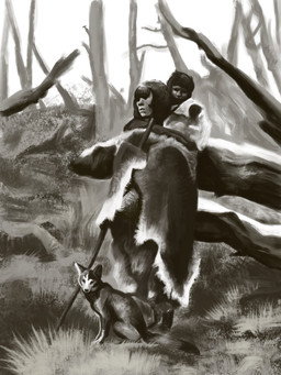 animal_skin branch feral grass group log pelt_clothing plant quadruped selk'nam tree trio wood young agustindiazart fuegian_dog human mammal recently_extinct_species 2025 3:4 hi_res