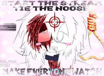 ambiguous_gender anthro blood blood_on_neck blood_splatter blush blush_lines bodily_fluids border collar crosshair derpy drooling drooling_tongue drugs emo_haircut floppy_ears fur gun hair hunting_rifle lazy_eye lidded_eyes noose ranged_weapon rifle_barrel saliva shock_collar shotgun solo stoned substance_intoxication suicidal suicidal_ideation suicide suicide_baiting text weapon white_body white_fur white_hair real_feral preychan felid feline mammal distracting_watermark hi_res watermark