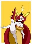 3:4 absurd_res big_breasts big_butt big_hair boots breasts butt butt_from_the_front cleavage clothed clothing crown disney dress dumbp13 eyelashes fangs female fire footwear hair hair_over_eye headgear hekapoo hi_res horn horned_humanoid humanoid humanoid_pointy_ears knee_boots knee_highs legwear long_hair looking_at_viewer narrowed_eyes on_one_leg one_eye_obstructed panties raised_leg red_clothing red_eyes red_footwear red_hair side_slit side_slit_clothing side_slit_dress simple_background solo standing star_vs._the_forces_of_evil strapless_clothing strapless_dress teeth thick_thighs underwear upskirt white_background white_body white_skin wide_hips yellow_background yellow_clothing yellow_dress yellow_panties yellow_sclera yellow_underwear