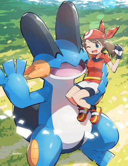 ambiguous_anthro ambiguous_gender anthro blush breasts carrying_another clothed clothing day detailed_background duo eyes_closed featureless_crotch female female_human fist footwear front_view fully_clothed gloves handwear high-angle_view holding_character larger_anthro on_hand one_eye_closed open_mouth open_smile outside raised_arm raised_fist raised_hand semi-anthro shoes size_difference smaller_female smaller_human smile standing water wide_crotch makotoo nintendo pokemon may_(pokemon) amphibian generation_3_pokemon human mammal pokemon_(species) swampert 2021 hi_res
