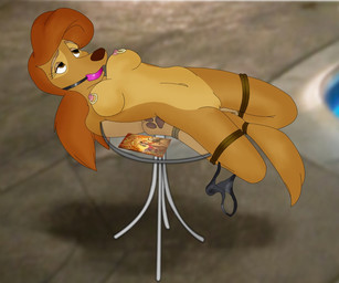 anthro anthrofied ball_gag bdsm bent_over bondage bound breasts brown_body brown_eyes brown_fur brown_hair female fur furniture gag gagged hair nipple_piercing nipples piercing poolside red_hair solo submissive submissive_female table tail water folwilliar disney the_fox_and_the_hound dixie_(tfath) canid canine canis domestic_dog mammal