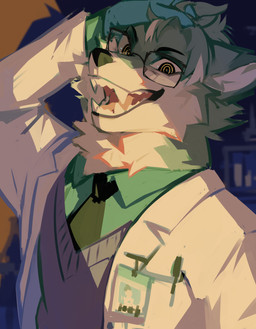 anthro clothed clothing eyewear fangs front_view fur glasses green_clothing green_topwear grey_body grey_clothing grey_fur grey_topwear male open_mouth pink_tongue rectangular_glasses ringed_eyes solo teeth tongue topwear white_body white_clothing white_fur white_topwear corzh77 canid canine mammal absurd_res bust_portrait hi_res portrait