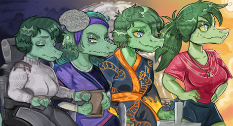 angry anthro asian_clothing biped black_bottomwear black_clothing black_shorts bottomwear breasts chinese_clothing clothed clothed_anthro clothed_female clothing digit_ring disability east_asian_clothing eyes_closed female fingers freckled_face freckles frown gradient_background green_body green_hair grey_eyes hair half-closed_eyes happy humanoid_hands jewelry long_hair looking_aside medium_breasts medium_hair narrowed_eyes necklace non-mammal_breasts paraplegic ponytail pose purple_clothing red_clothing red_shirt red_topwear ring robe sad shirt shorts simple_background sitting smile solo topwear vehicle wedding_ring wheelchair white_clothing white_shirt white_topwear yellow_sclera big_acanthaceae_6096 cavemanon_studios i_wani_hug_that_gator guts_(iwhtg) olivia_halford baryonyx dinosaur mammal murid murine prehistoric_species rat reptile rodent saurischian scalie spinosaurid theropod 2024 absurd_res colored hi_res sequence shaded