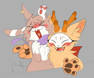 ambiguous_gender anthro blush brown_body brown_fur chest_tuft cloak cloak_only clothing duo ear_piercing fangs fur happy heart_symbol heart_tongue horn inner_ear_fluff mask mostly_nude multicolored_body multicolored_fur open_mouth pawpads paws piercing red_cheeks scarf scarf_only simple_background smile tail tail_motion tailwag teeth tuft two_tone_body two_tone_fur white_body white_fur kelpcheep asian_mythology chinese_mythology east_asian_mythology fabulous_beasts fenz_(studio) mythology sibuxiang_the_deer_(fabulous_beasts) tuye_(fabulous_beasts) deer lagomorph mammal moon_rabbit colored hi_res