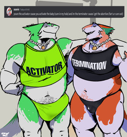 anthro belly big_bulge body_hair bulge chain_necklace clothing detailed_bulge duo ear_piercing facial_hair facial_piercing goatee happy_trail jewelry lock lock_bulge looking_at_another male male/male musclegut muscular muscular_male navel necklace nose_piercing piercing septum_piercing shirt smile tank_top text topwear underwear aviesergal discord_(app) the_substance_(film) avie sergal english_text hi_res