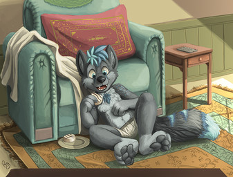 anthro armchair blue_eyes chair clothed clothing food front_view fur furniture glistening glistening_eyes grey_body grey_fur holding_food holding_object inside male markings navel open_mouth open_smile sitting smile solo spotted_arms striped_markings striped_tail stripes tail tail_markings topless young young_anthro young_male pandapaco canid canine mammal