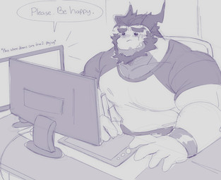 2_horns anthro barazoku beard biceps bodily_fluids chair clenched_teeth clothing computer crying desk dialogue drawing_tablet electronics facial_hair furniture holding_object holding_stylus horn male monitor muscular muscular_anthro muscular_male on_chair pecs shirt sitting sitting_on_chair solo speech_bubble stylus table tears teeth text topwear wristband juggermelon mythology jugger_(character) dragon mythological_creature mythological_scalie scalie 2024 english_text hi_res monochrome sketch