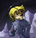 anthro blonde_hair blue_ear_piercing blue_eyes earpiece hair male membrane_(anatomy) sky solo space spacesuit star starry_sky text webbed_hands pandottermon mammal mustelid otter 2022 artist_name hi_res signature