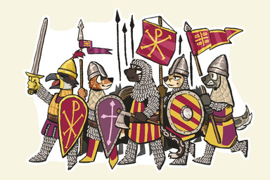 anthro armor beak byzantine byzantine_flag byzantium chainmail eyes_closed flag flag_(object) fur group headgear helmet knight looking_at_another male melee_weapon open_beak open_mouth polearm shield smile smiling_at_another spear sword tail teeth teeth_showing text warrior weapon mawkvlt kolya_yeen_(mawkvlt) 3:2 english_text