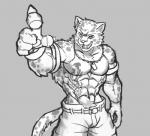 abs anthro belt biceps big_muscles bottomwear chest_tuft claws clothed clothing fangs front_view fur gesture hair hand_gesture male muscular muscular_anthro muscular_male open_mouth pecs pointing shorts smile solo standing tattoo teeth tongue topless triceps tuft wolfmalro cheetah felid feline mammal 2017 monochrome portrait three-quarter_portrait