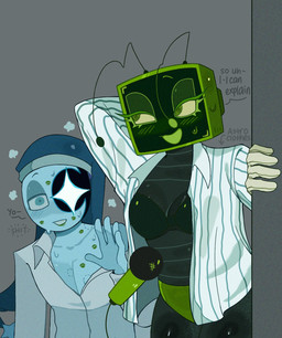 bite bite_mark blush bra breasts caught clothing duo electronics female kiss_mark lipstick looking_at_viewer looking_away makeup male microphone not_furry underwear itsmayumi2 blushcrunch_studio dandy's_world roblox astro_(dandy's_world) vee_(dandy's_world) toon_(dandy's_world) hi_res