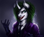 5_fingers alternate_species anthro clothed clothing fingers fur gloves green_eyes green_hair hair handwear horn humanoidized looking_at_viewer male smile solo suit teeth white_body white_fur matty_lasuire batman_(series) dc_comics hasbro my_little_pony the_joker humanoid mammal bust_portrait crossover digital_media_(artwork) portrait