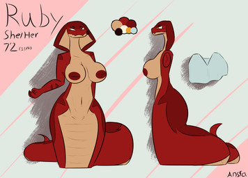 anthro apode areola big_breasts breasts female huge_breasts inverted_nipples legless long_tail navel nipples non-mammal_breasts non-mammal_navel non-mammal_nipples orange_eyes red_body serpentine solo tail wide_hips ansia_(artist) ruby_(ansia) cobra draconcopode naga reptile scalie snake hi_res model_sheet