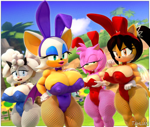anthro areola areola_slip bell bell_collar big_breasts big_ears black_hair black_nose blue_eyes blue_eyeshadow bow_tie breast_envy breast_size_difference breasts bunny_costume cleavage cleavage_overflow closed_smile clothed clothing collar costume countershading cowbell_collar eyelashes eyeshadow fake_ears fake_wings female fishnet_clothing fishnet_legwear fluffy fluffy_hair frown fur glistening glistening_eyes green_eyes group hair half-closed_eyes huge_breasts legwear lipstick makeup mouth_closed narrowed_eyes navel nipple_outline open_mouth open_smile orange_eyes pink_ears pink_hair pink_lipstick pink_nose pupils short_hair smile tan_body tan_countershading tan_inner_ear tan_skin thick_thighs white_body white_ears white_fur white_hair wide_hips yellow_body yellow_ears yellow_fur tahlian idw_publishing sega sonic_the_fighters sonic_the_hedgehog_(comics) sonic_the_hedgehog_(idw) sonic_the_hedgehog_(series) amy_rose honey_the_cat lanolin_the_sheep_(sonic) rouge_the_bat bat bovid caprine domestic_cat eulipotyphlan felid feline felis hedgehog mammal sheep 3d_(artwork) absurd_res digital_media_(artwork) hi_res