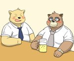 alcohol anthro beer beverage black_nose clothing drunk duo eyes_closed eyewear glasses humanoid_hands kemono male necktie overweight overweight_male shirt sitting substance_intoxication topwear bullbluedog canid canine mammal raccoon_dog tanuki 2020 hi_res