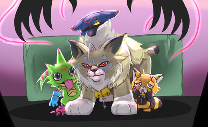 anthro bell bell_collar black_body black_fur blue_eyes brown_body brown_fur collar cornered cybernetics female feral fighting_pose fur green_body grey_eyes group machine male orange_body orange_fur pose red_eyes doodledigi bandai_namco digimon digimon_beatbreak chiropmon cougarmon cyborg digimon_(species) gekkomon pristimon scalie hi_res