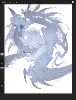 10_wings 1_horn 6_eyes ambiguous_gender blue_body claws countershade_neck countershading dark_body eyes_in_mouth feathered_wings feathers feral finger_claws head_horn head_wings horn long_tail mouth_eyes multi_eye multi_wing open_mouth realistic_wings reverse_countershading simple_background solo tail text unusual_anatomy unusual_wing_placement white_background wings chiayeeee procreate_(copyright) monster 2023 digital_drawing_(artwork) digital_media_(artwork) english_text hi_res procreate_(artwork) restricted_palette