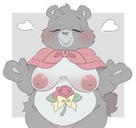 anotherbearsimp anthro areola bear belly_badge biped blush breasts care_bears eyes_closed female front_view fur grams_bear grey_body grey_fur heart_symbol hi_res inverted_nipples mammal nipples simple_background smile solo tattoo white_body