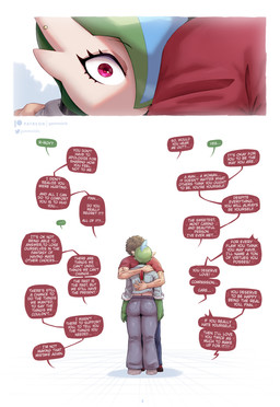 biped brown_hair butt choker comforting conjoined_speech_bubble dialogue duo eyebrows eyelashes femboy fingers hair hug i_love_you jewelry linked_speech_bubble male muscular muscular_male name_in_dialogue necklace rear_view red_eyes speech_bubble surprised text gammainks nintendo pokemon finn_(gammainks) roy_(gammainks) gallade generation_4_pokemon human humanoid mammal pokemon_(species) 2025 absurd_res artist_name comic digital_media_(artwork) english_text hi_res