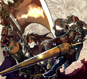 anthro armor axe dotted_background duo greataxe holding_object holding_weapon kite_shield lance male melee_weapon pattern_background polearm shield simple_background weapon abasiri abasirisippo capcom monster_hunter canid canine fox mammal 2007 archived_source