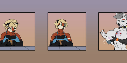 4_panel_comic 5_fingers abs anthro beckoning bedroom_eyes big_breasts big_nipples black_sclera blonde_hair blue_eyes bodily_fluids breast_grab breasts clothing collar container cookie cup duo eyebrow_piercing facial_piercing female female/female fingers food fur gesture grey_hair hair hand_on_breast huge_breasts lactating lips looking_down multicolored_body multicolored_fur muscular muscular_anthro muscular_arms muscular_female muscular_thighs narrowed_eyes nipple_piercing nipples offering_to_another piercing question_mark red_body red_fur seductive shirt spiked_collar spikes surprised tank_top thick_bottom_lip topwear two_tone_body two_tone_fur white_body white_fur kansyr dee_(kansyr) spook_(spookcity) ailurid canid canine canis mammal red_panda wolf comic hi_res