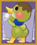 anthro biped black_eyes blush blush_stickers border bottomless bottomless_anthro brown_hair butt clothed clothing female hair looking_at_viewer looking_back looking_back_at_viewer solo standing yellow_border nerdoodlen animal_crossing nintendo deena_(animal_crossing) anatid anseriform avian bird duck 2022 digital_drawing_(artwork) digital_media_(artwork) hi_res