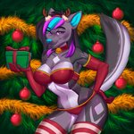 anthro bra christmas_tree clothing collar female footwear gift highlights_(coloring) holidays legwear looking_at_viewer panties plant smile smiling_at_viewer socks solo thigh_highs thigh_socks tree underwear avok_(artist) christmas sonja_wusky canid canine canis hybrid mammal wolf wolfdog hi_res