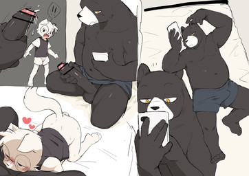 5_fingers 5_toes age_difference all_fours anthro barefoot bed black_body black_clothing black_eyes black_fur black_shirt black_topwear blush bodily_fluids bottomless bottomless_male bottomwear censored_genitalia censored_penis clothed clothing deep_throat duo electronics embarrassed erection eyewear fangs feet fellatio fingers fist foreskin fur furniture genitals glasses half-closed_eyes happy heart_symbol holding_own_penis humanoid_genitalia humanoid_penis inside kemono kneeling looking_at_object looking_at_phone lying lying_on_bed male male/male masturbation narrowed_eyes nude_male on_bed open_mouth oral oral_penetration overweight overweight_male penetration penile penis phone raised_tail serious sex shirt shorts shorts_only simple_background size_difference soles surprised_expression sweat tail teeth toes topless topless_male topwear white_background white_body white_bottomwear white_clothing white_fur white_shirt white_shorts white_topwear yellow_eyes young young_anthro young_male manmosu_marimo bincu marei american_black_bear bear black_bear canid canine canis domestic_dog mammal ursine 2025 censored japanese_description