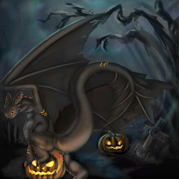 animal_genitalia animal_penis cemetery claws dark detailed_background erection feral food fruit genital_slit genitals grave holidays jack-o'-lantern looking_at_viewer looking_back male membrane_(anatomy) membranous_wings outside penile_spines penis plant presenting pumpkin raised_leg raised_tail scar smile solo tail teeth tree wings yellow_eyes phinja dreamworks european_mythology halloween how_to_train_your_dragon mythology fan_character dragon fury_(httyd) mythological_creature mythological_scalie night_fury reptile scalie western_dragon 1:1 2015