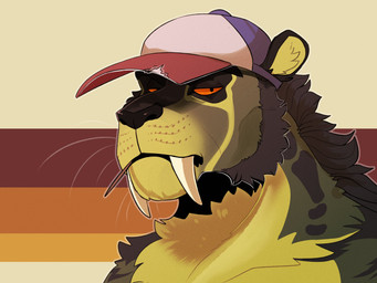 anthro beard big_fangs biting_on_toothpick clothing facial_hair fangs feid front_view fur grey_beard grey_body grey_facial_hair grey_fur hat headgear headwear male male_anthro mouth_closed narrowed_eyes orange_eyes simple_background solo teeth toothpick toothpick_in_mouth whiskers yellow_body yellow_fur swampjaws felid mammal prehistoric_species saber-toothed_tiger 4:3 absurd_res bust_portrait hi_res portrait