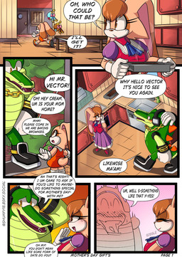 age_difference anthro big_breasts blush blush_lines breasts building clothed clothing dress eyebrows female gloves greeting group handwear house kitchen male mature_female text thick_eyebrows trio welcome young young_anthro young_female younger_female shumpy sega sonic_the_hedgehog_(series) cream_the_rabbit vanilla_the_rabbit vector_the_crocodile crocodile crocodilian lagomorph leporid mammal rabbit reptile scalie comic english_text hi_res daughter_(lore) mother_(lore) parent_(lore)