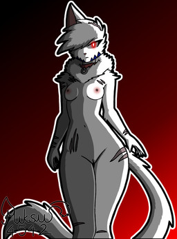 anthro blue_stripes breasts collar female fur genitals glowing glowing_eyes hair hair_over_eye looking_at_viewer neck_tuft red_eyes scar scars_all_over small_breasts solo stripes torn_ear tuft vulva white_body white_fur miksu4542 rani_(miksu4542) felid feline mammal hi_res