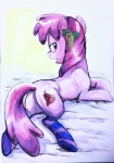 butt butt_pose clothed clothing cutie_mark female feral footwear hair legwear looking_at_viewer looking_back lying on_front pose purple_eyes socks solo adlynh friendship_is_magic hasbro my_little_pony berry_punch_(mlp) earth_pony equid equine horse mammal pony 2017