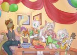 anthro birthday cake dessert food fur group male party white_body white_fur young galo hasbro my_little_pony darkinian fan_character domestic_cat equid equine felid feline felis horse hybrid jaguar mammal pantherine pony tiger hi_res