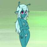 1:1 2017 alien antennae_(anatomy) anthro breasts bue_(character) colored crossed_arms emoji_(race) female hi_res humanoid navel nipples nude nude_edit plagueofgripes pubes samurai_jack solo third-party_edit