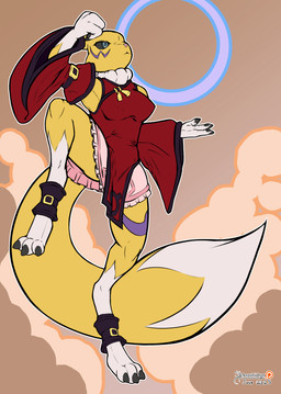 anthro black_sclera blue_eyes breasts claws clothed clothed_female clothing dipstick_tail female fur gloves_(marking) leg_markings markings socks_(marking) solo tail tail_markings white_body yellow_body yellow_fur arashidrgn arc_system_works bandai_namco digimon guilty_gear jam_kuradoberi canid canine digimon_(species) mammal renamon 2025 absurd_res hi_res
