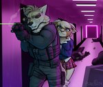 anthro assault_rifle bulletproof_vest clothing college_student death eye_patch eyewear female gun hotel male protection ranged_weapon rifle scar scared school_uniform security silencer standing tactical_gear uniform violence weapon psakorn_tnoi ashley_rockwell clayton_greymane bovid canid canine canis caprine mammal sheep wolf 2023 hi_res