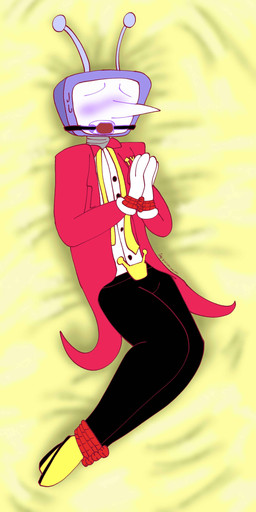 ball_gag bdsm belt belt_buckle body_pillow bondage bottomwear bound buckle clothed clothing dakimakura dakimakura_pillow electronics for_a_head gag gagged male necktie pants pillow screen screen_face solo suit_jacket television samlssms deltarune undertale_(series) tenna_(deltarune) humanoid object_head screen_head tv_head absurd_res dakimakura_design hi_res